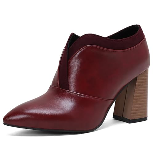 MiaZane Damen Spitzzehen Stiefeletten Chunky Blockabsatz Hoher Absatz Schuhe Formelle Geschäftlich Elegante Stiefel Für Frühling Und Herbst Büro Und Alltag,Burgundy,49 EU von MiaZane