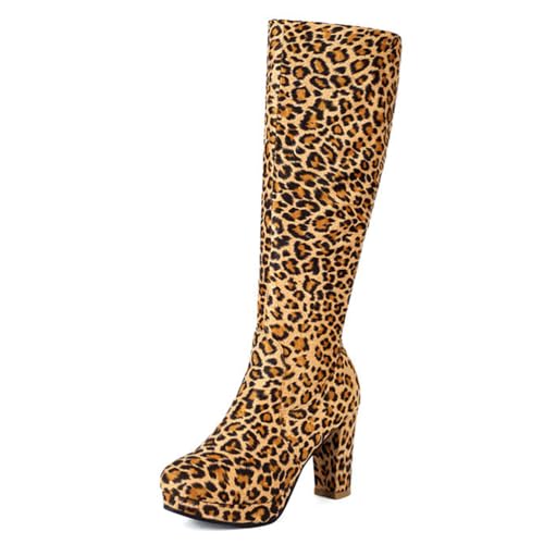 MiaZane Damen Stiefel Bis Zum Knie Klobige Plateau Blockabsatz Seitlicher Reißverschluss Kleid Stiefel Leopardenmuster Modische Lange Schuhe Für Herbst & Winter Abendveranstaltung,Leopard,46 EU von MiaZane