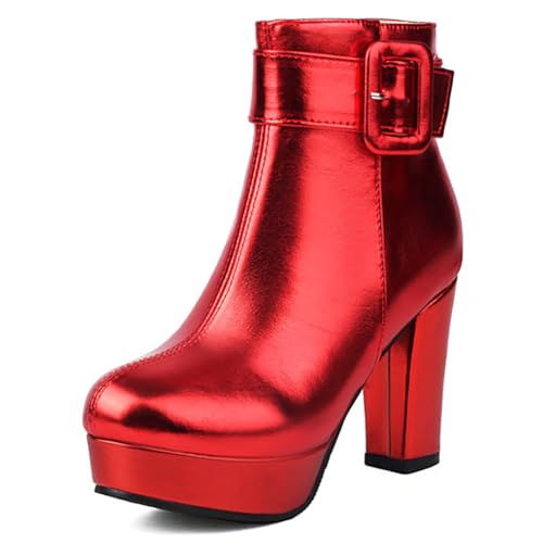 MiaZane Damen Stiefel Plattform Hoher Blockabsatz Schnallenriemen Rundzeh Seitlicher Reißverschluss Niedriger Schaft Kurze Modische Stiefeletten Für Bürooutfits,Rot,45 EU von MiaZane