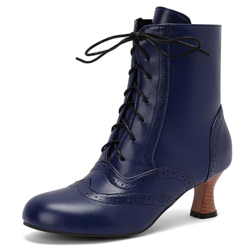 MiaZane Damen Stiefeletten Knöchel Chunky Blockabsatz Runde Zehe Schnürung Seiten Reißverschluss Kurze Stiefel Für Herbst Und Winter Streetwear Breite Passform,Blau,46 EU von MiaZane