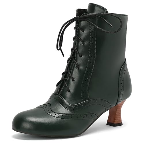 MiaZane Damen Stiefeletten Knöchel Chunky Blockabsatz Runde Zehe Schnürung Seiten Reißverschluss Kurze Stiefel Für Herbst Und Winter Streetwear Breite Passform,Grün,40 EU von MiaZane