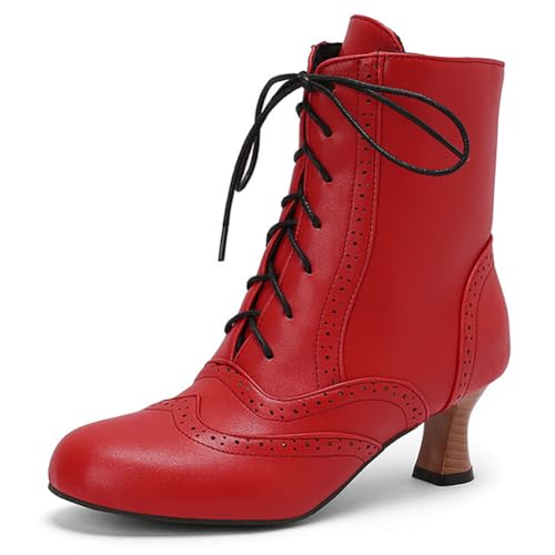 MiaZane Damen Stiefeletten Knöchel Chunky Blockabsatz Runde Zehe Schnürung Seiten Reißverschluss Kurze Stiefel Für Herbst Und Winter Streetwear Breite Passform,Rot,37 EU von MiaZane