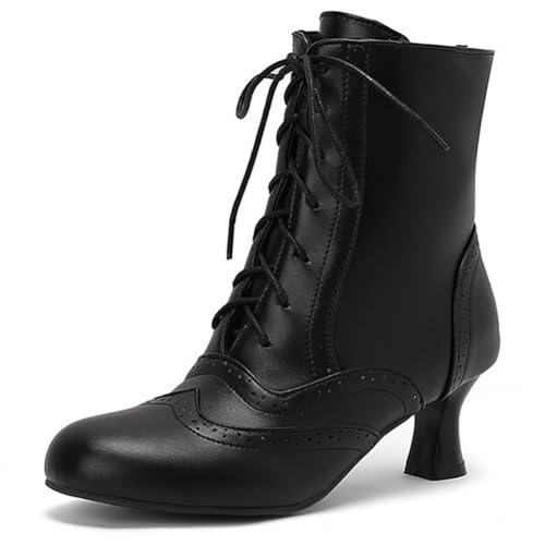 MiaZane Damen Stiefeletten Knöchel Chunky Blockabsatz Runde Zehe Schnürung Seiten Reißverschluss Kurze Stiefel Für Herbst Und Winter Streetwear Breite Passform,Schwarz,45 EU von MiaZane