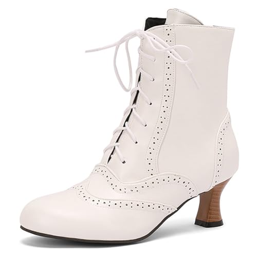 MiaZane Damen Stiefeletten Knöchel Chunky Blockabsatz Runde Zehe Schnürung Seiten Reißverschluss Kurze Stiefel Für Herbst Und Winter Streetwear Breite Passform,Weiß,36 EU von MiaZane