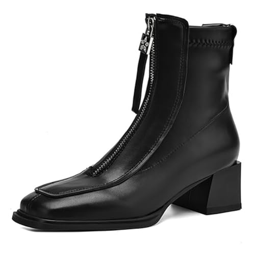 MiaZane Damen Stiefeletten Knöchel Chunky Mittlerer Blockabsatz Quadratische Spitze Front Reißverschluss Kurze Freizeitstiefel Für Herbst & Winter Streetwear & Freizeit Ausflug,Black (Thick),37 EU von MiaZane