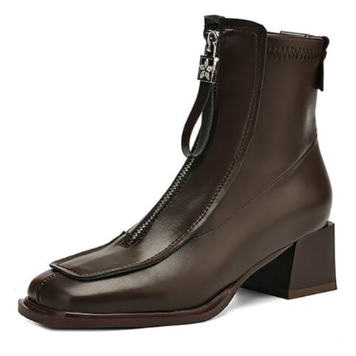 MiaZane Damen Stiefeletten Knöchel Chunky Mittlerer Blockabsatz Quadratische Spitze Front Reißverschluss Kurze Freizeitstiefel Für Herbst & Winter Streetwear & Freizeit Ausflug,Brown (Thick),35 EU von MiaZane