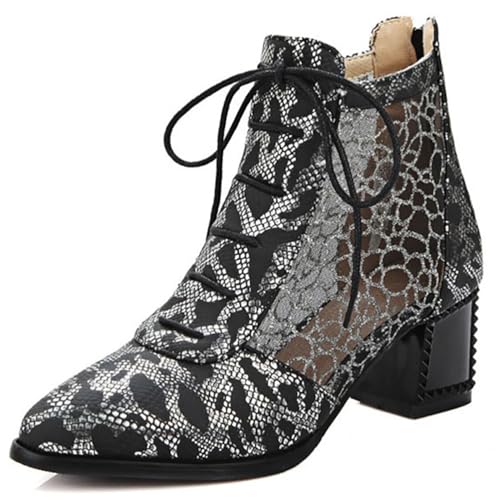 MiaZane Damen Stiefeletten Knöchelhoch Mit Breitem Blockabsatz Rundspitze Sommer Mesh Stiefel Für Büro Und Abendkleidung Atmungsaktiv,Schwarz,41 EU von MiaZane
