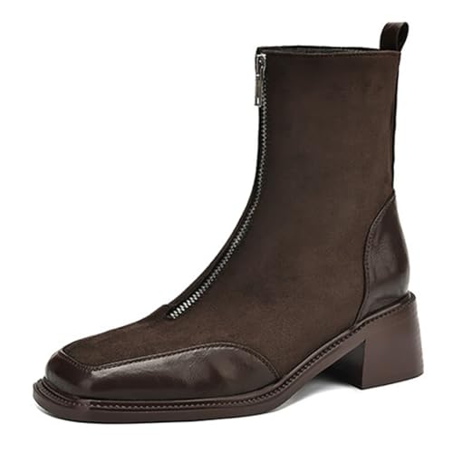 MiaZane Damen Stiefeletten Mit Klobigem Absatz Kunstleder Quadratischer Zeh Knöchelhohe Stiefel Mit Front Reißverschluss Blockabsatz Kurze Stiefel Für Herbst & Winter Streetwear,Braun,35 EU von MiaZane