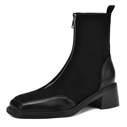 MiaZane Damen Stiefeletten Mit Klobigem Absatz Kunstleder Quadratischer Zeh Knöchelhohe Stiefel Mit Front Reißverschluss Blockabsatz Kurze Stiefel Für Herbst & Winter Streetwear,Schwarz,37 EU von MiaZane