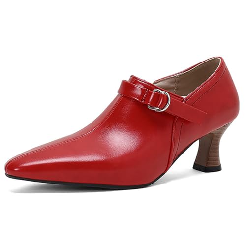 MiaZane Damen Stiefeletten Spitz Zehen Chunky Kitten Heel Ankle Boots Kleid Stiefel Für Frühling Und Herbst Büro Tragen Atmungsaktive Mikrofaserfutter,Rot,46 EU von MiaZane