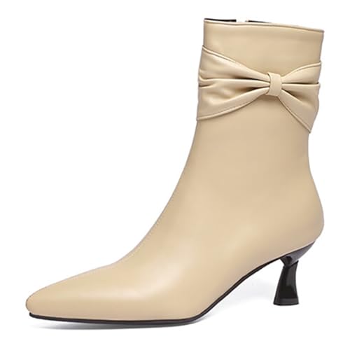 MiaZane Damen Stiefeletten Spitzzehen Kurzstiefel Kitten Heel Schleifen Detail Seiten Reißverschluss Kurze Mode Stiefel Für Herbst & Winter Streetwear & Alltag,Almond,35 EU von MiaZane