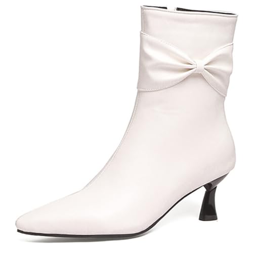 MiaZane Damen Stiefeletten Spitzzehen Kurzstiefel Kitten Heel Schleifen Detail Seiten Reißverschluss Kurze Mode Stiefel Für Herbst & Winter Streetwear & Alltag,Weiß,48 EU von MiaZane