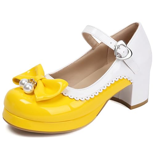 MiaZane Damen Sweet Lolita Mary Jane Schuhe Blockabsatz Pumps Knöchelriemen Kleid Schuhe Mittelhoher Absatz Rundspitze Schleifen Schnallen Riemen Für Täglichen Gebrauch,Gelb,47 EU von MiaZane