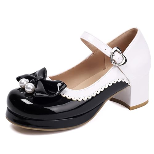MiaZane Damen Sweet Lolita Mary Jane Schuhe Blockabsatz Pumps Knöchelriemen Kleid Schuhe Mittelhoher Absatz Rundspitze Schleifen Schnallen Riemen Für Täglichen Gebrauch,Schwarz,40 EU von MiaZane