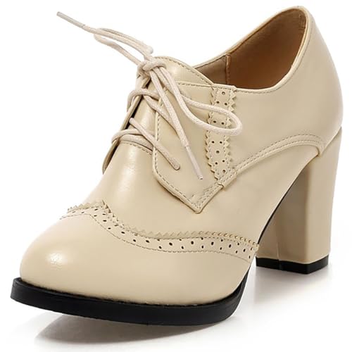 MiaZane Damen Vintage Brogue Oxford Schuhe Runde Zehen Schnürung Wingtips Chunky Blockabsatz Pumps Für Den Täglichen Gebrauch Frühling Und Herbst PU Leder Gummisohle,Beige,43 EU von MiaZane