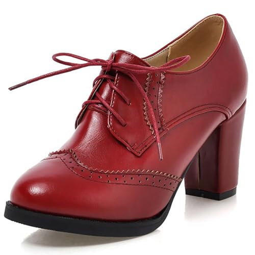 MiaZane Damen Vintage Brogue Oxford Schuhe Runde Zehen Schnürung Wingtips Chunky Blockabsatz Pumps Für Den Täglichen Gebrauch Frühling Und Herbst PU Leder Gummisohle,Rot,43 EU von MiaZane
