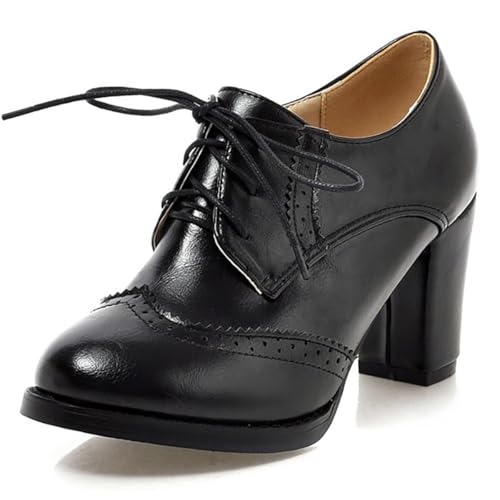 MiaZane Damen Vintage Brogue Oxford Schuhe Runde Zehen Schnürung Wingtips Chunky Blockabsatz Pumps Für Den Täglichen Gebrauch Frühling Und Herbst PU Leder Gummisohle,Schwarz,37 EU von MiaZane