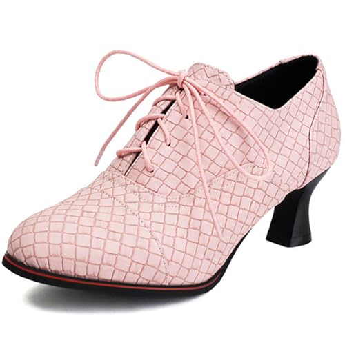 MiaZane Damen Vintage Wingtip Oxford Schuhe Schnürung Kitten Heel Pumps Runde Zehe Arbeit Pumps für Büro und Geschäftstreffen,Rosa,43 EU von MiaZane