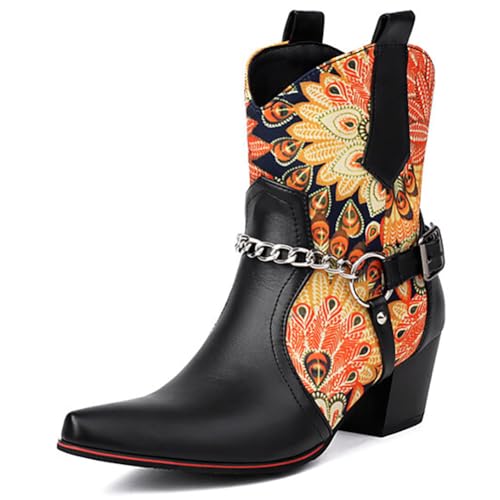 MiaZane Damen Western Stiefeletten Mit Stilvollem Blumenmuster Spitzem Zeh Blockabsatz Seitlichem Reißverschluss Rutschfester Sohle Modische Kleidstiefel,Gelb,48 EU von MiaZane