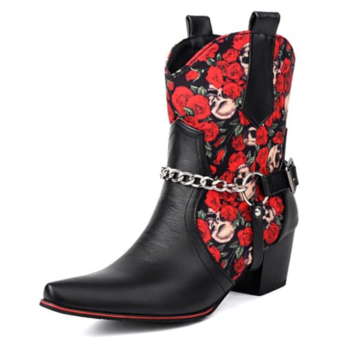 MiaZane Damen Western Stiefeletten Mit Stilvollem Blumenmuster Spitzem Zeh Blockabsatz Seitlichem Reißverschluss Rutschfester Sohle Modische Kleidstiefel,Rot,39 EU von MiaZane
