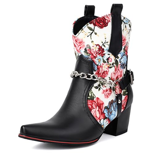 MiaZane Damen Western Stiefeletten Mit Stilvollem Blumenmuster Spitzem Zeh Blockabsatz Seitlichem Reißverschluss Rutschfester Sohle Modische Kleidstiefel,Weiß,43 EU von MiaZane
