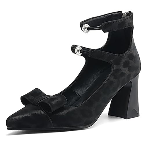 MiaZane Damen Wildleder Court Schuhe Chunky Blockabsatz Spitz Zehen Pumps Schleife High Top Kleid Schuhe Für Büro Tragen Atmungsaktive Mikrofaserfutter,Schwarz,35 EU von MiaZane