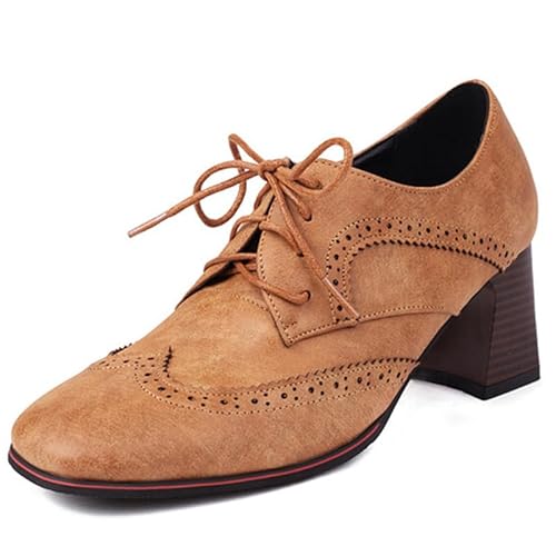 MiaZane Damen Wingtip Oxford Brogues Quadratische Spitze Hoher Blockabsatz Schnürschuhe Für Street Style Und Vintage Büro Kleidung Mikrofaser,Braun,40 EU von MiaZane