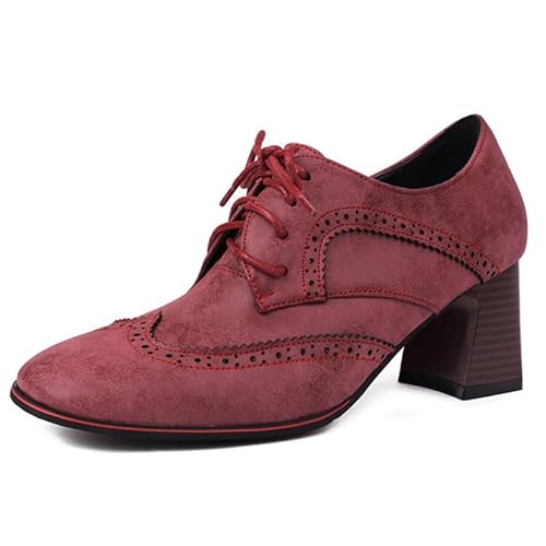 MiaZane Damen Wingtip Oxford Brogues Quadratische Spitze Hoher Blockabsatz Schnürschuhe Für Street Style Und Vintage Büro Kleidung Mikrofaser,Rot,40 EU von MiaZane