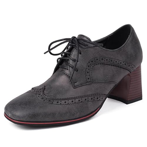 MiaZane Damen Wingtip Oxford Brogues Quadratische Spitze Hoher Blockabsatz Schnürschuhe Für Street Style Und Vintage Büro Kleidung Mikrofaser,Schwarz,43 EU von MiaZane