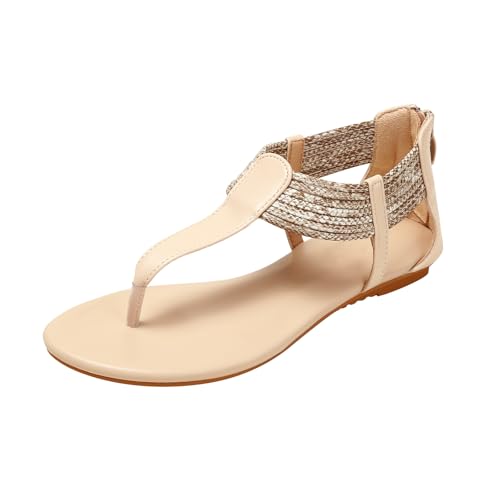 MiaZane Damens Sandalen Aus Gewebtem PU Keilabsatz Flip Flops Für Strand Und Alltag Bequeme Römische Flache Sandalen Mit Offener Spitze,Beige,37 EU von MiaZane