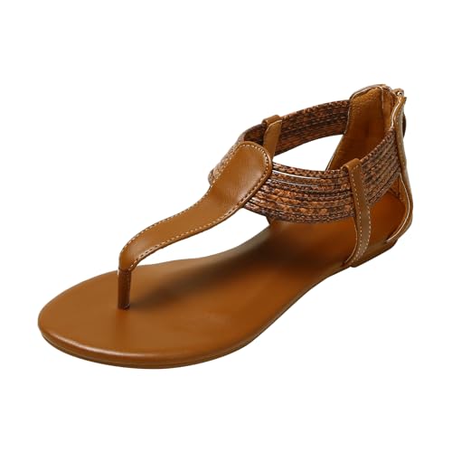 MiaZane Damens Sandalen Aus Gewebtem PU Keilabsatz Flip Flops Für Strand Und Alltag Bequeme Römische Flache Sandalen Mit Offener Spitze,Braun,40 EU von MiaZane