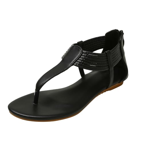 MiaZane Damens Sandalen Aus Gewebtem PU Keilabsatz Flip Flops Für Strand Und Alltag Bequeme Römische Flache Sandalen Mit Offener Spitze,Schwarz,38 EU von MiaZane