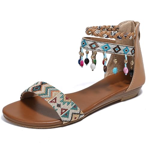MiaZane Damens Sandalen Flach Perlen Bohéme Runde Zehen EIN Band Für Strand & Urlaub Handgefertigt Stoff Offen Verstellbar Sommer Flach,Braun,37 EU von MiaZane