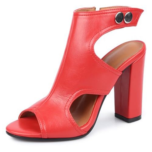 MiaZane Damensandalen Blockabsatz Knöchelriemen High Heels Für Cocktail Und Clubnacht Atmungsaktive Mikrofaser Weite Passform,Rot,37 EU von MiaZane