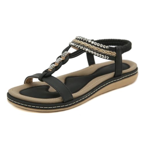 MiaZane Damensandalen Mit Fußgewölbe Unterstützung Bohemian Weite Passform Schlupfsandalen Elastische Rücken T Riemen Flache Niedrige Sandalen Für Sommer Und Reisen,Schwarz,37 EU von MiaZane