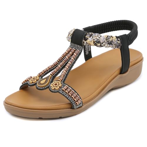 MiaZane Damensandalen Mit Kristallperlen Flache T Riemen Gladiatoren Sandalen Mit Fußgewölbe Unterstützung Für Urlaub Und Alltag Elastischer Knöchelriemen,Schwarz,37 EU von MiaZane