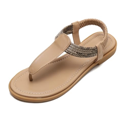 MiaZane Damensandalen Offene Zehen Flacher Absatz Colorblock Sandalen Mit Zehenring Für Strandspaziergänge Und Urlaub Leicht Bequem Römischer Stil,Almond,38 EU von MiaZane