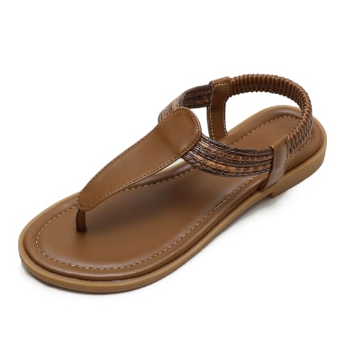 MiaZane Damensandalen Offene Zehen Flacher Absatz Colorblock Sandalen Mit Zehenring Für Strandspaziergänge Und Urlaub Leicht Bequem Römischer Stil,Braun,41 EU von MiaZane
