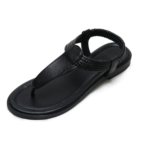 MiaZane Damensandalen Offene Zehen Flacher Absatz Colorblock Sandalen Mit Zehenring Für Strandspaziergänge Und Urlaub Leicht Bequem Römischer Stil,Schwarz,38 EU von MiaZane