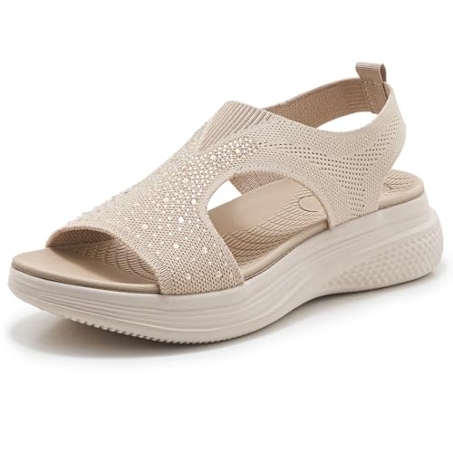 MiaZane Damensandalen Orthopädische Fußgewölbe Unterstützung Klobige Plattform Gestrickte Schlupfsandalen Bequeme Freizeit Strand Slingback Wanderschuhe Für Täglichen Gebrauch,Apricot,42 EU von MiaZane