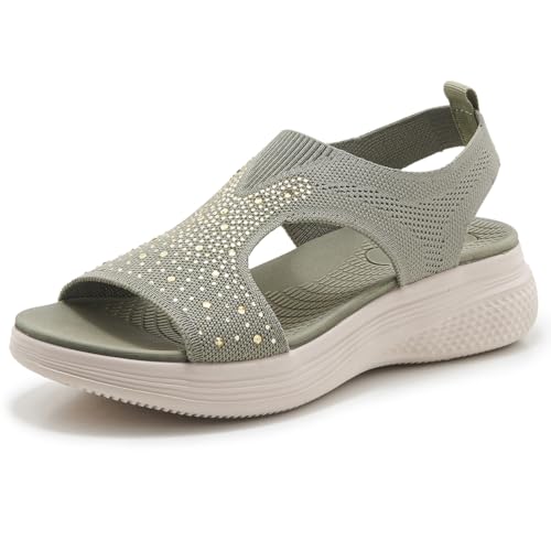 MiaZane Damensandalen Orthopädische Fußgewölbe Unterstützung Klobige Plattform Gestrickte Schlupfsandalen Bequeme Freizeit Strand Slingback Wanderschuhe Für Täglichen Gebrauch,Grün,41 EU von MiaZane