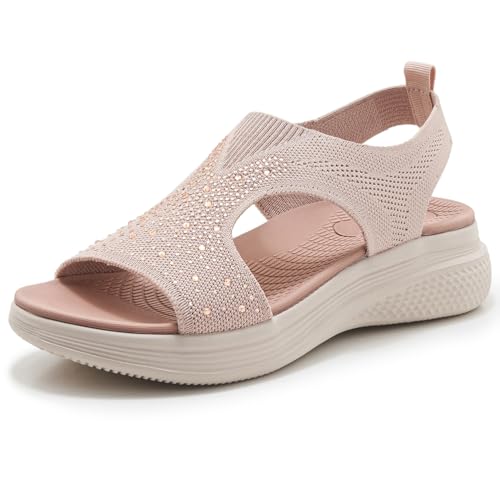 MiaZane Damensandalen Orthopädische Fußgewölbe Unterstützung Klobige Plattform Gestrickte Schlupfsandalen Bequeme Freizeit Strand Slingback Wanderschuhe Für Täglichen Gebrauch,Rosa,41 EU von MiaZane