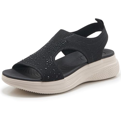 MiaZane Damensandalen Orthopädische Fußgewölbe Unterstützung Klobige Plattform Gestrickte Schlupfsandalen Bequeme Freizeit Strand Slingback Wanderschuhe Für Täglichen Gebrauch,Schwarz,35 EU von MiaZane