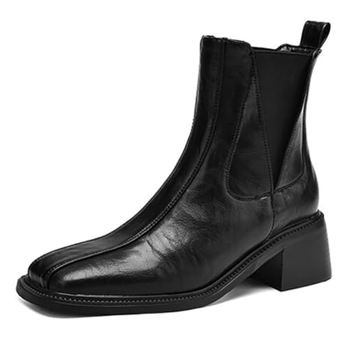 MiaZane Damenschuhe Knöchelstiefel Slip On Winter Chelsea Boots Quadratische Spitze Mittlerer Blockabsatz Kurze Stiefel Für Herbst & Winter Streetwear & Freizeit,Black (Thin),43 EU von MiaZane