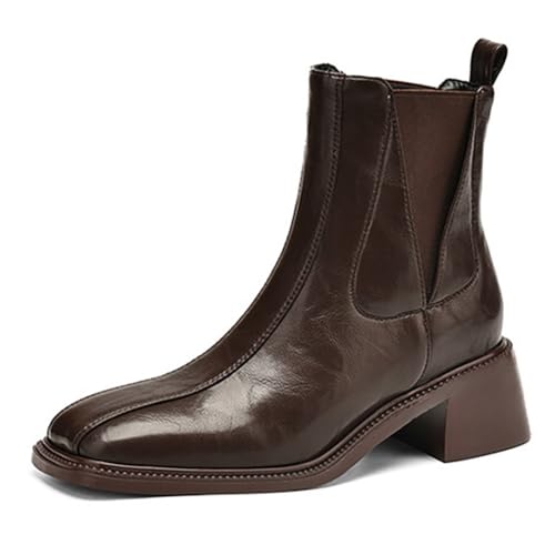MiaZane Damenschuhe Knöchelstiefel Slip On Winter Chelsea Boots Quadratische Spitze Mittlerer Blockabsatz Kurze Stiefel Für Herbst & Winter Streetwear & Freizeit,Brown (Thin),39 EU von MiaZane