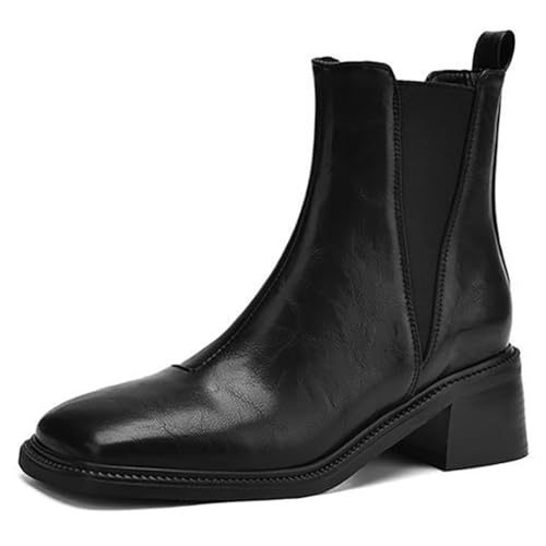 MiaZane Elastische Chelsea Stiefelette Damen Klobiger Blockabsatz Quadratische Zeh Schlupf Kurze Stiefel für Herbst & Winter Lockerer Ausgang & Streetwear Kunstleder,Black (Thin),37 EU von MiaZane