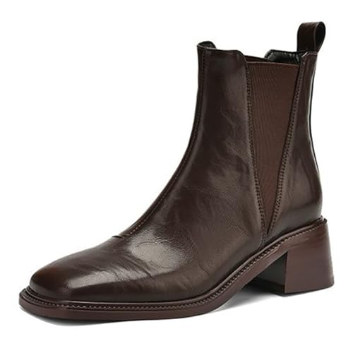 MiaZane Elastische Chelsea Stiefelette Damen Klobiger Blockabsatz Quadratische Zeh Schlupf Kurze Stiefel für Herbst & Winter Lockerer Ausgang & Streetwear Kunstleder,Brown (Thick),37 EU von MiaZane