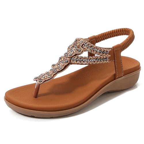 MiaZane Flache Damensandalen Niedriger Keilabsatz Kristall Strass T Riemen Flip Flops Mit Elastischer Rückenpartie Für Sommer Strand Und Freizeitkleidung,Braun,40 EU von MiaZane