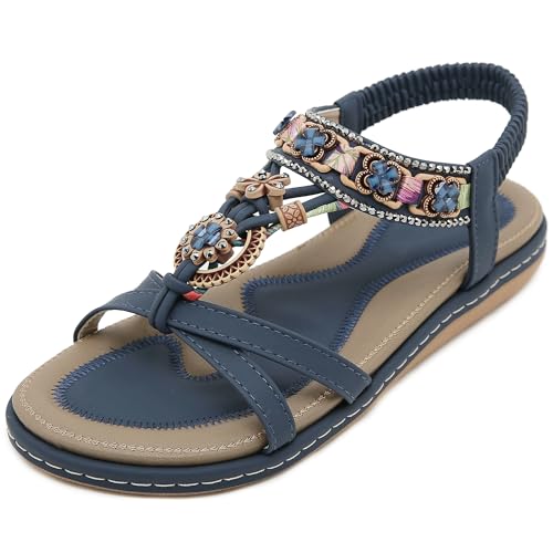 MiaZane Flache Damensandalen Strass Elastischer Knöchelriemen Runde Zehen Fußgewölbe Unterstützung Strandsandalen Freizeit Offene Zehen Orthopädische Slide Für Sommerurlaub Und Meer,Blau,41 EU von MiaZane