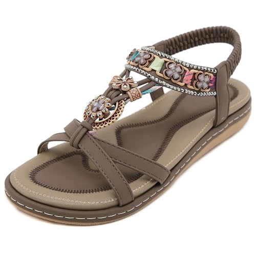 MiaZane Flache Damensandalen Strass Elastischer Knöchelriemen Runde Zehen Fußgewölbe Unterstützung Strandsandalen Freizeit Offene Zehen Orthopädische Slide Für Sommerurlaub Und Meer,Braun,38 EU von MiaZane